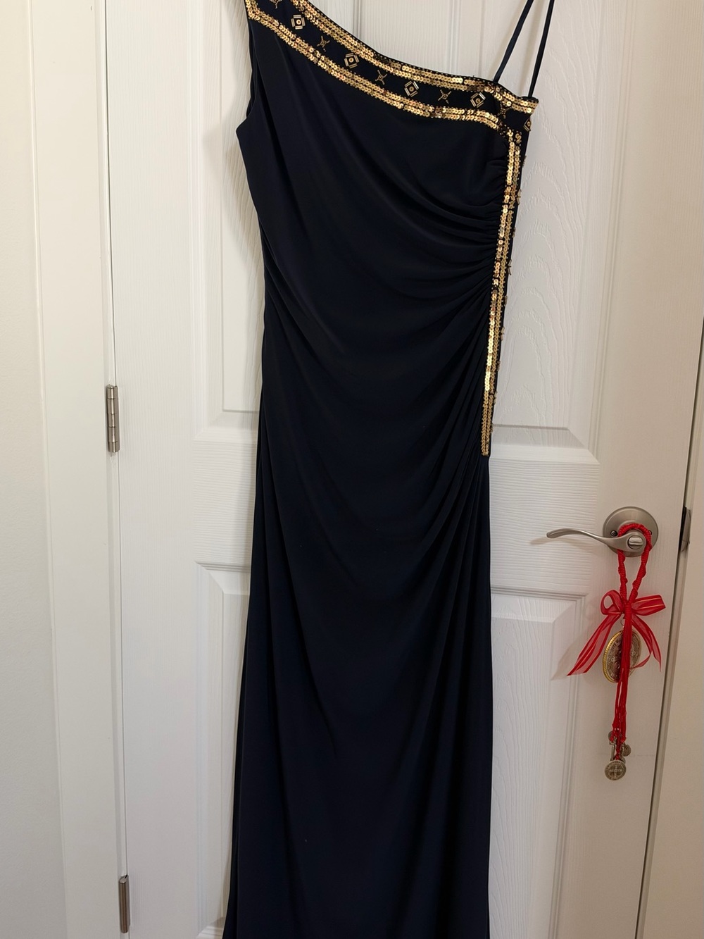 Betsy & Adam Black One-Shoulder Gown with Gold Sequin Accents